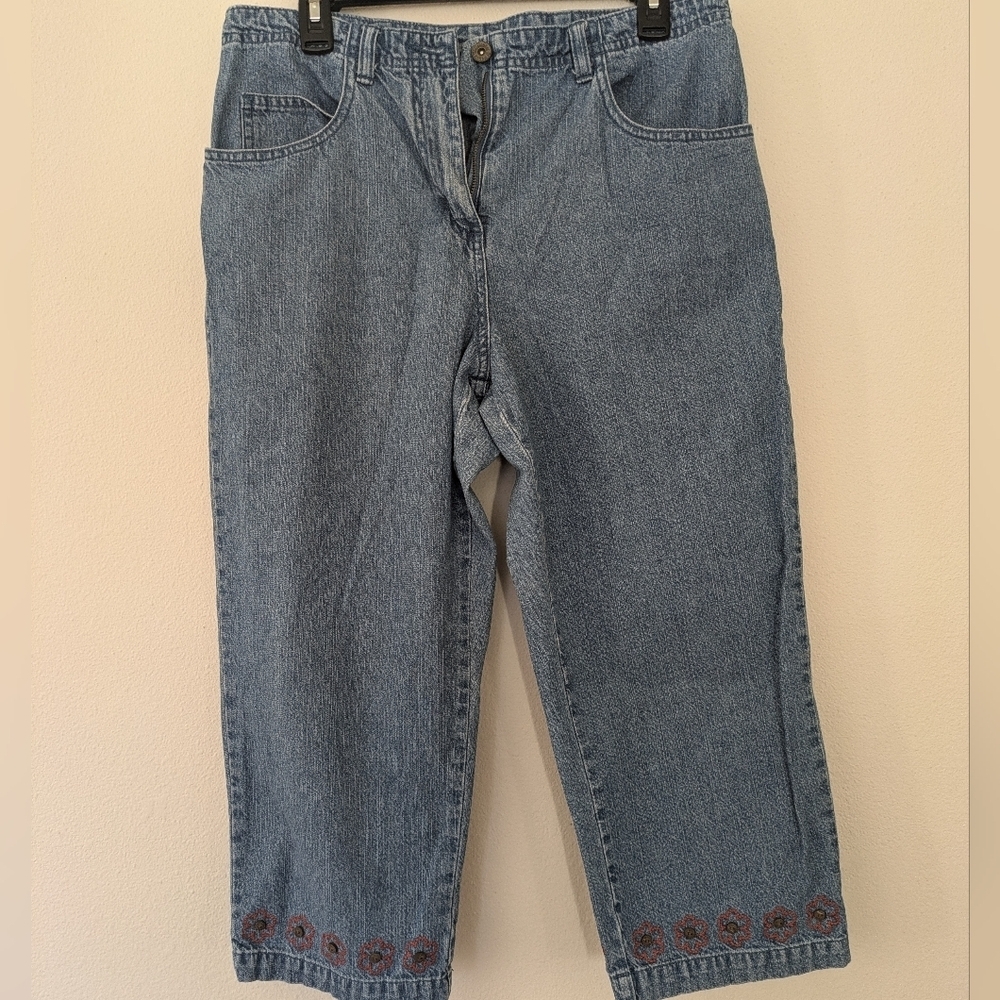 Vintage Y2K Embroidered Floral Denim Straight Leg Crop Jeans sz 10 90s Mom Retro